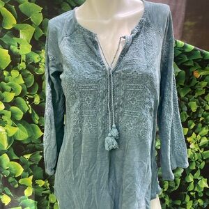 Lucky Brand Embroidered Long Sleeve Top in Blue M Castle Core Cotton w ties
